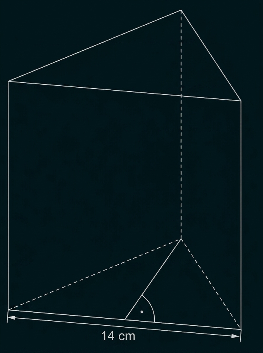 Geometrische Skizze eines Körpers mit Maßangabe 14 cm und gestrichelten Hilfslinien.
